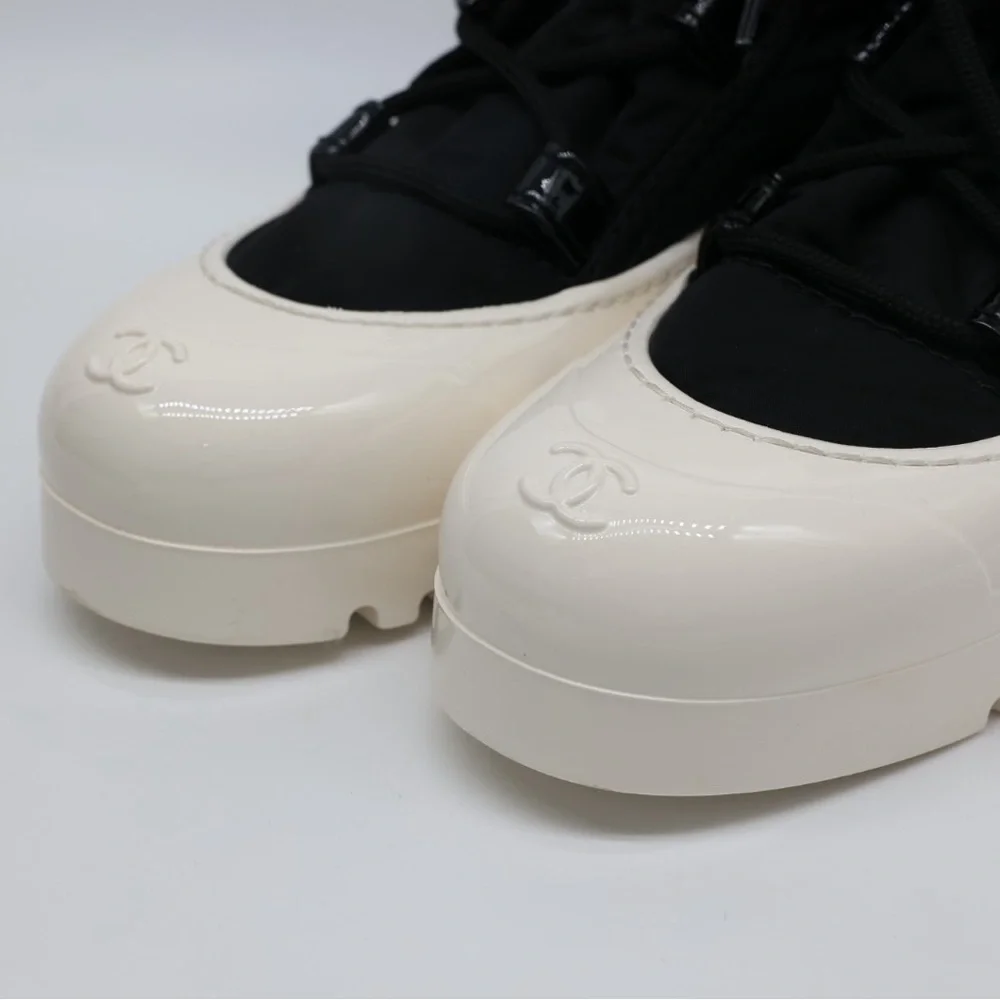 CHANEL Black Nylon Ankle Boots with White Rubber Sole size 38